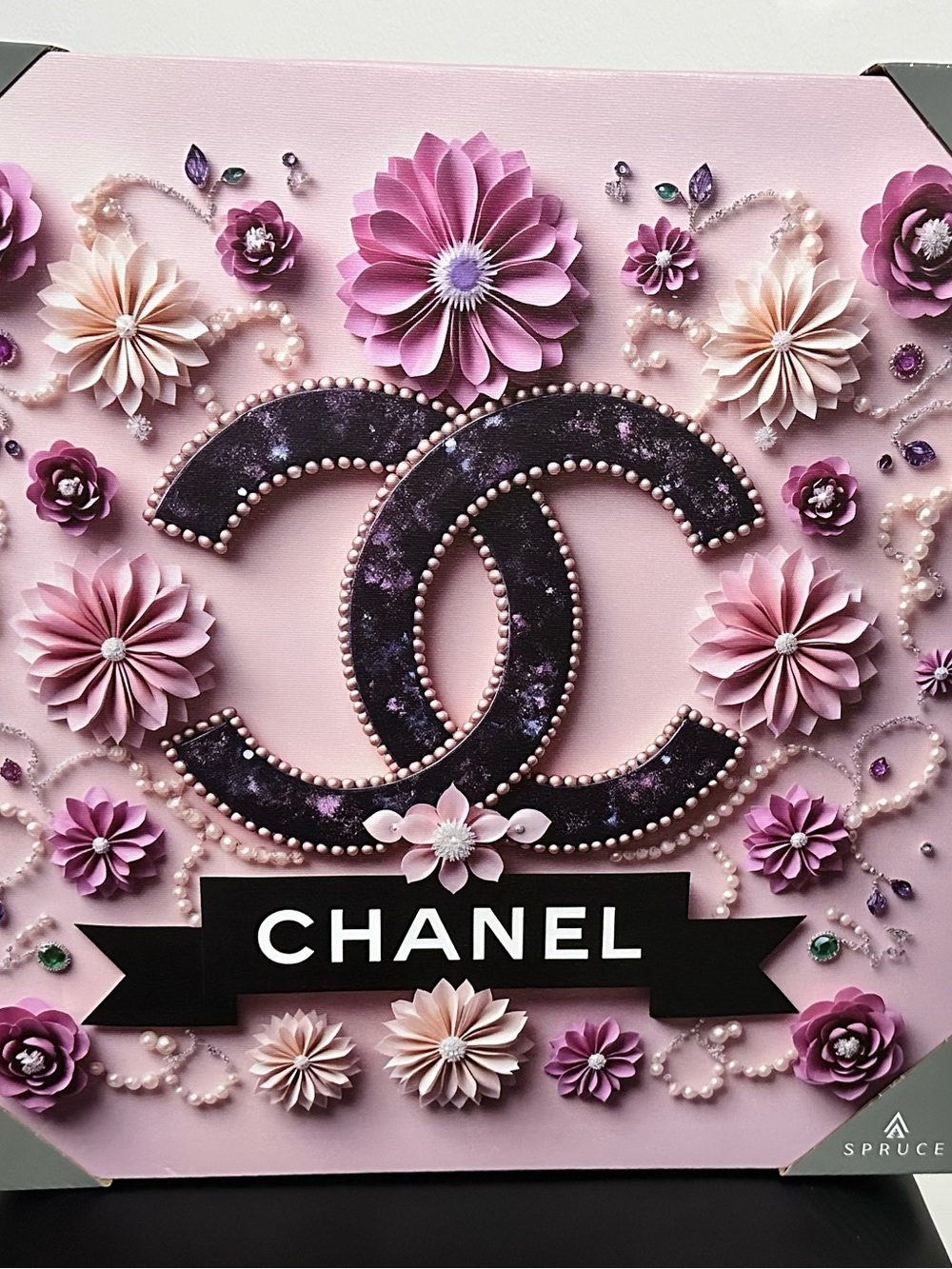 CHANEL White and Pink Floral Signature Wall Canvas